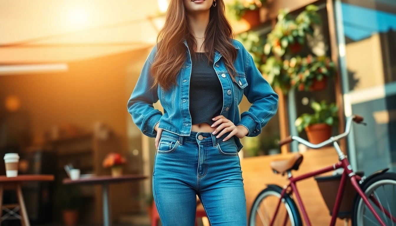 Model showcasing womens high rise jeans with a stylish flair in a trendy urban setting.
