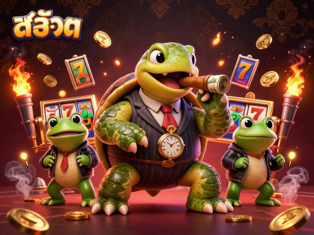 Spin and win with สล็อต in a vibrant 3D casino scene featuring colorful slot symbols and characters.