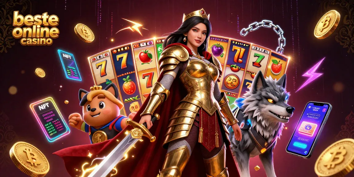 Experience the excitement of beste online casino with a warrior queen and her glowing wolf companion amidst slot game symbols.