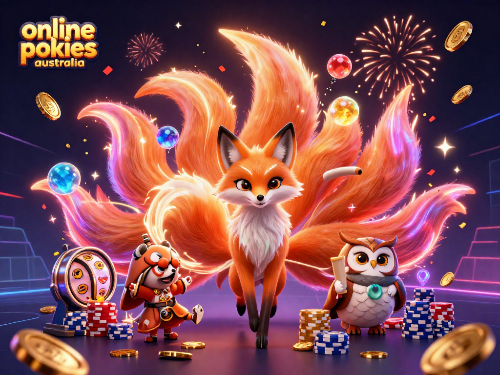 Engage with online pokies Australia featuring a vibrant fox spirit, owl sage, and festive casino elements.