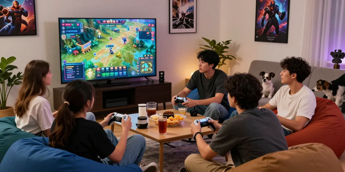 Friends enjoying rokok88 rtp video game in a cozy living room, showcasing vibrant graphics and snacks.