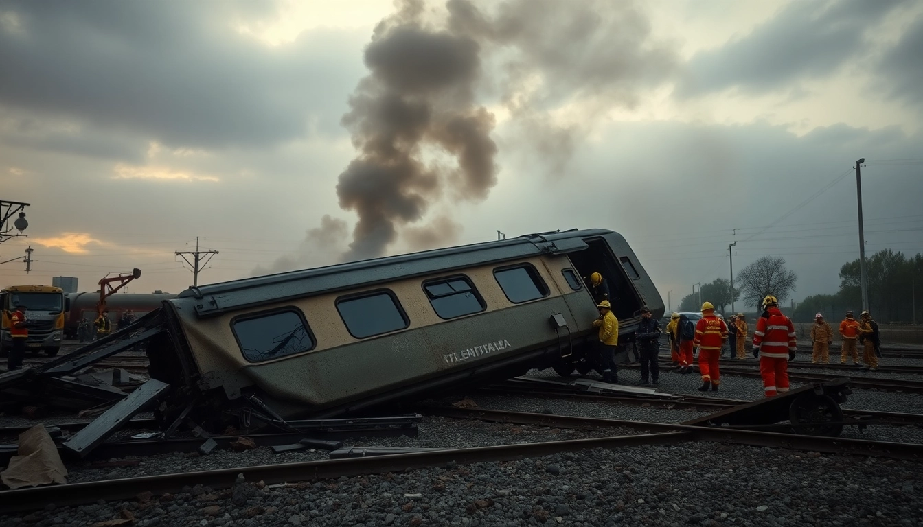 Spain train crash wreckage with emergency responders at the site, highlighting the urgency of the event.