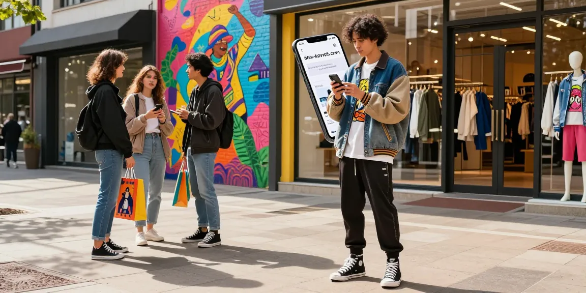 Fashionable individual browsing https://shs-dome5.com/ in vibrant urban setting with trendy street art.