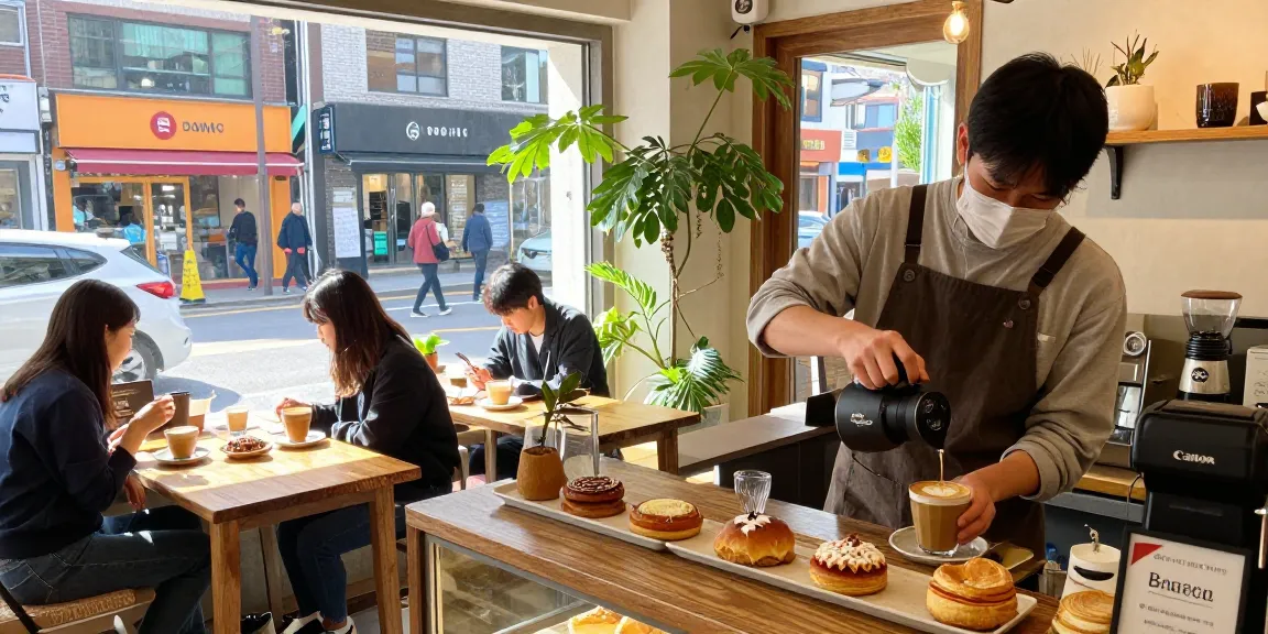Vibrant Seoul cafe scene showcasing coffee preparation and street life at https://forumup.org/shop/search.php?ca_id=&addr1=&addr2=&addr3=&schKeyword.