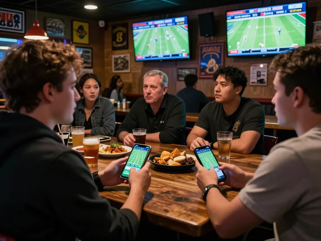 Placing bets on Luật Việt Vị Trong Bóng Đá amidst the excitement of a sports bar, friends engaging over live games