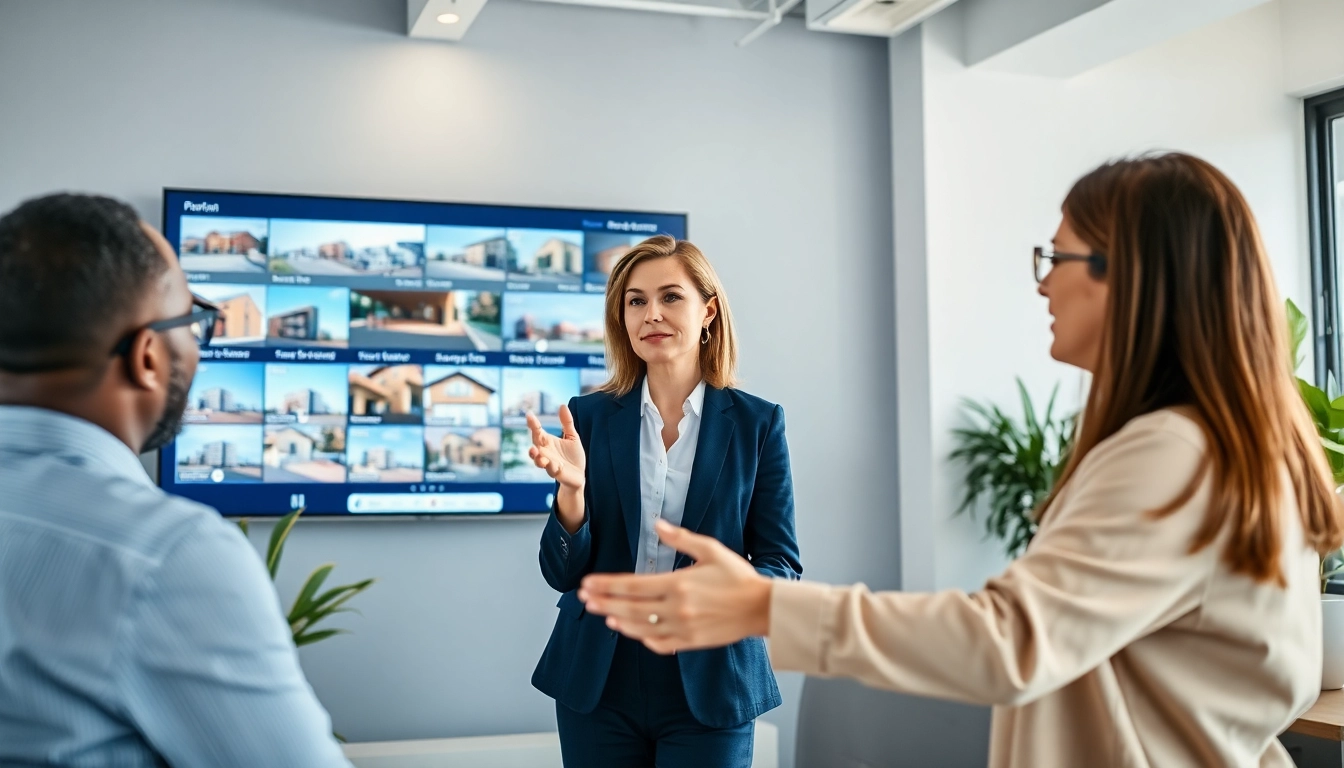 Real Estate agent engaging with clients in a modern office setting with property listings.