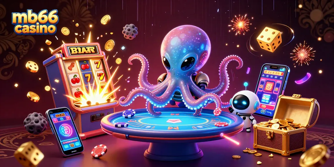 Experience the thrilling ambiance of mb66 casino with an alien octopus managing a holographic poker table amidst vibrant, dynamic casino elements.