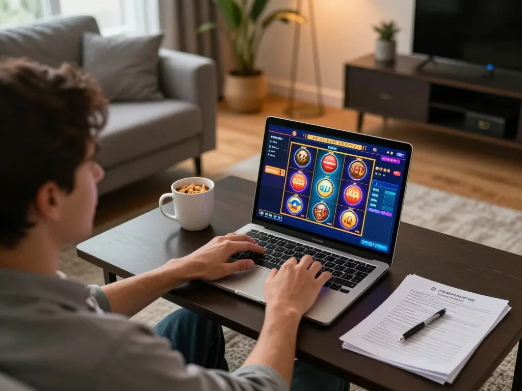 Engaging scene of a player enjoying slot online gameplay at home, highlighting entertainment and strategy.