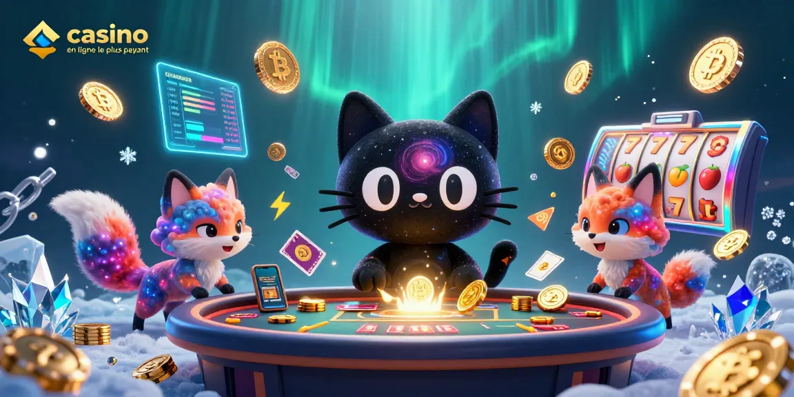 Illustration dynamique montrant un chat noir gravitationnel et un renard nébuleux au casino, représentatif du casino en ligne le plus payant.