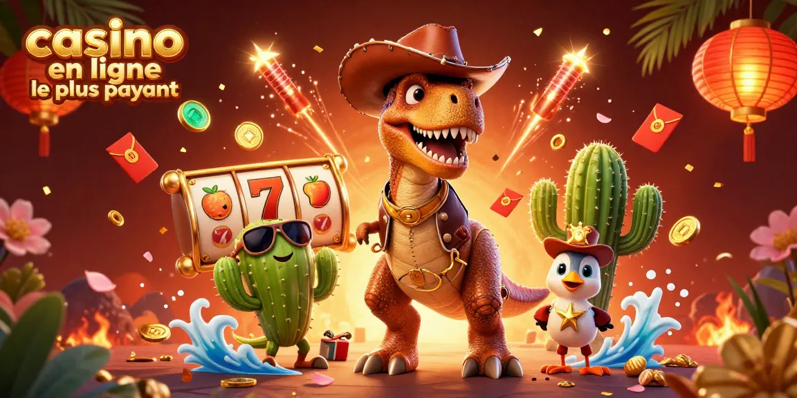 Profitez du casino en ligne le plus payant avec un T-Rex cowboy et des éléments de jeu attractifs.