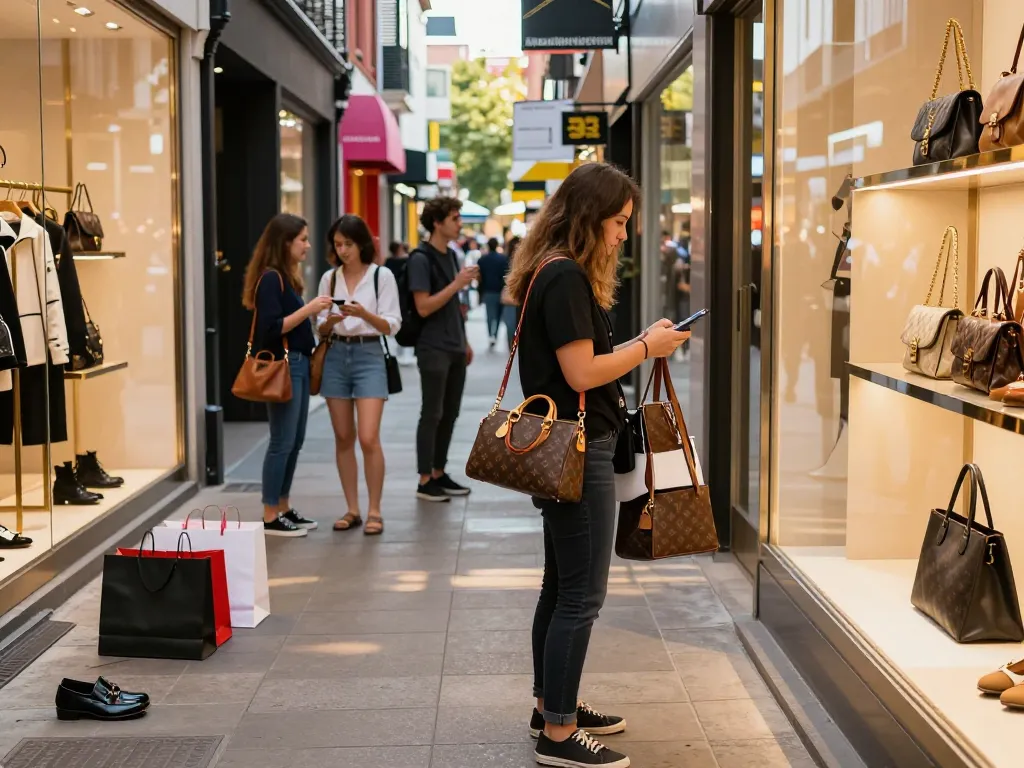 Fashion-conscious shopper exploring high-quality 레플리카 items in vibrant shopping district, surrounded by luxury displays.