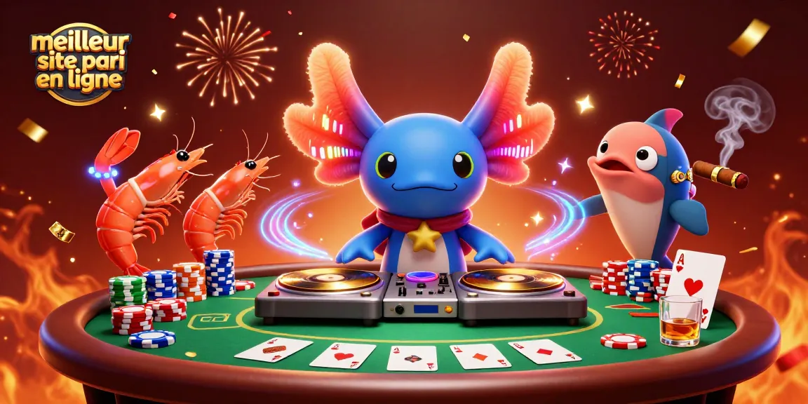 Meilleur site pari en ligne avec un DJ axolotl dans une scène de poker animée et festive