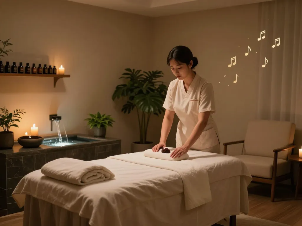 부드러운 리넨과 향긋한 요소가 있는 논현동마사지 치료를 위한 차분한 마사지 치료실 설정.
