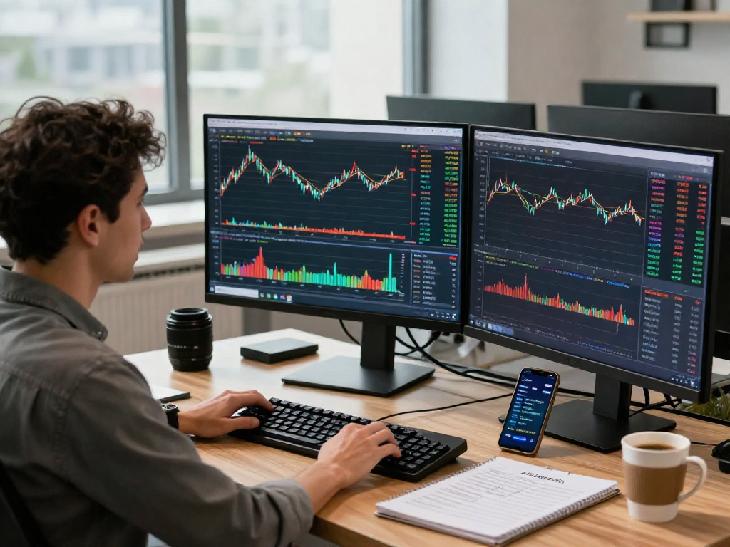 使用TradingView官网进行交易的专业交易者，展示实时市场数据和技术指标。