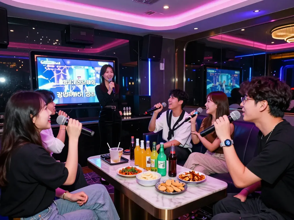 친구들과 함께하는 생동감 넘치는 강남가라오케 분위기, 프리미엄 음료, 에너제틱한 호스트.