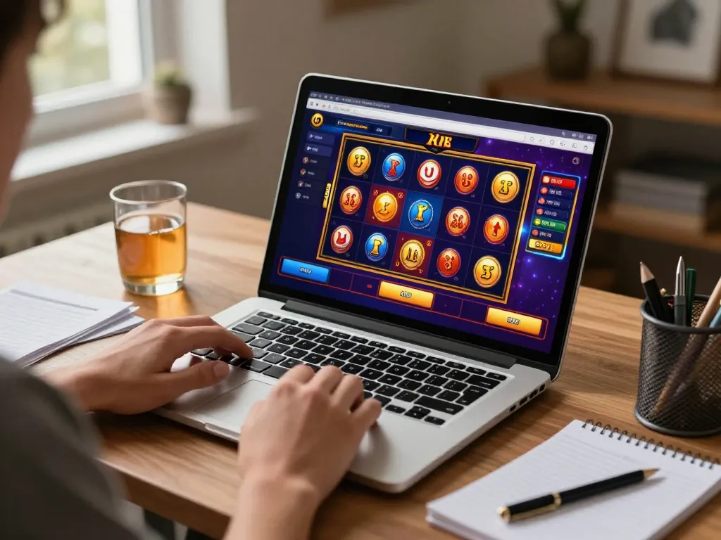 Player navigating situs slot bet 200 on a laptop in a cozy home office setting, emphasizing strategic gameplay.