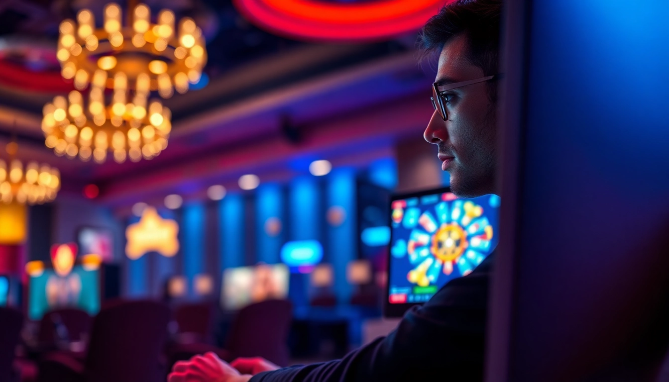 Engaged player at a Non gamstop casino Uk setup, surrounded by vibrant gaming visuals.
