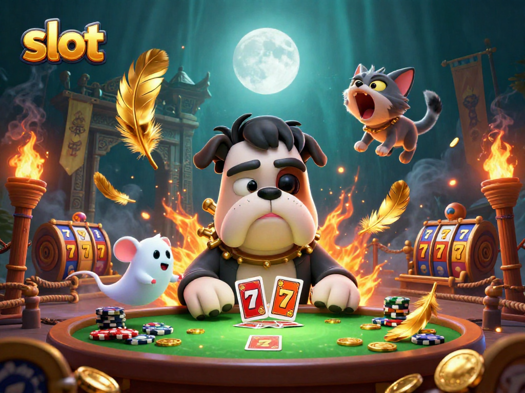 Engage with slot gaming excitement through a whimsical scene of a Frankenstein bulldog dealing cards amidst festive casino elements.