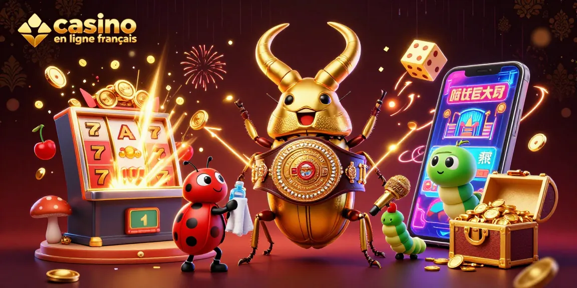 Illustration dynamique d'un combat entre un scarabée doré et une coccinelle, avec le thème du casino en ligne français.