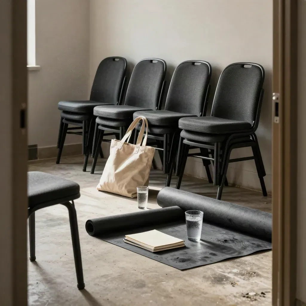 Workshop chairs, notebooks, water tumblers and a rolled mat in a room before a session