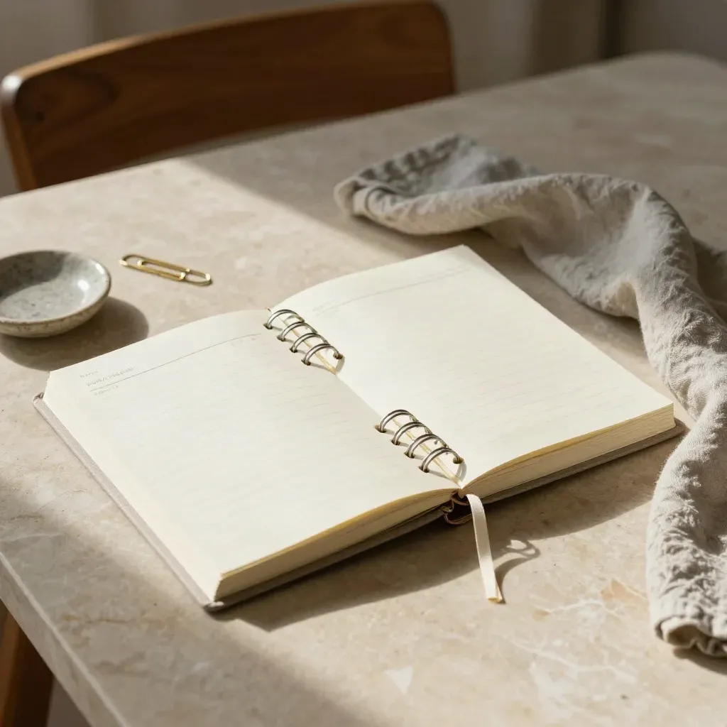 Top-down planner flatlay on linen and stone in warm morning light.