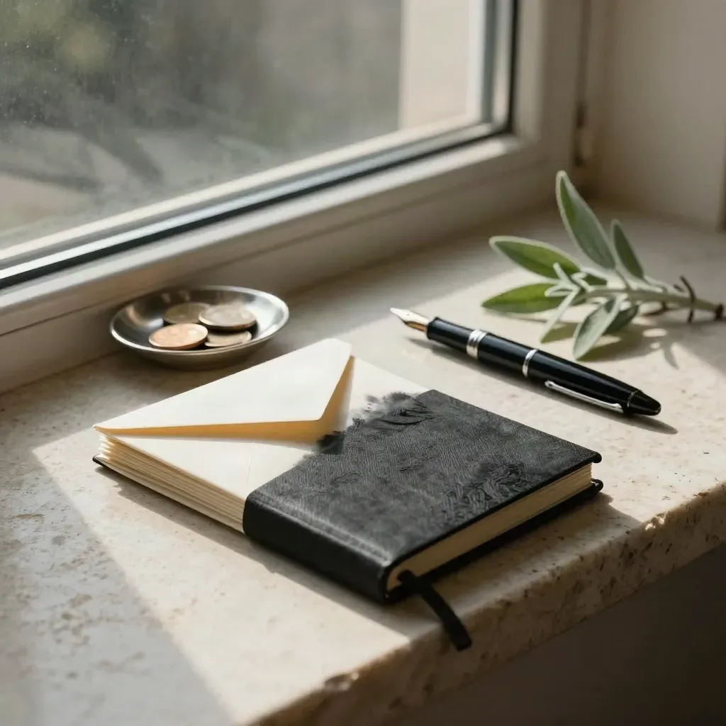 Planning journal, envelopes, coin dish, pen, and sage sprig on sunlit stone ledge.