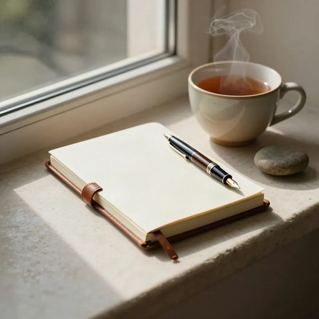 Closed notebook, pen, tea cup and river stone on a sunlit plaster ledge.