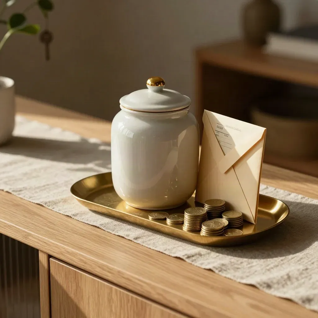 Ceramic money jar, budgeting envelopes, and brass coin tray on sunlit pale wood.