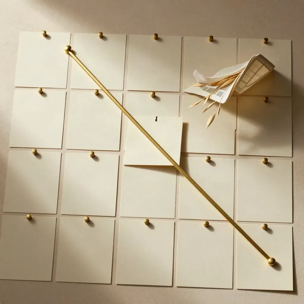 Overhead goal map of cream cards, brass pins, string, and folded cloth on plaster.