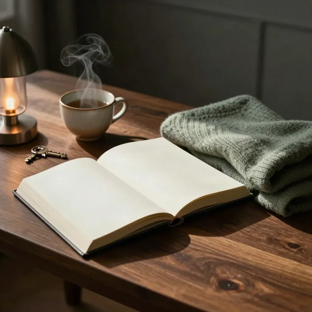 Dusk study table with planner, tea steam, lamp glow and folded sage sweater