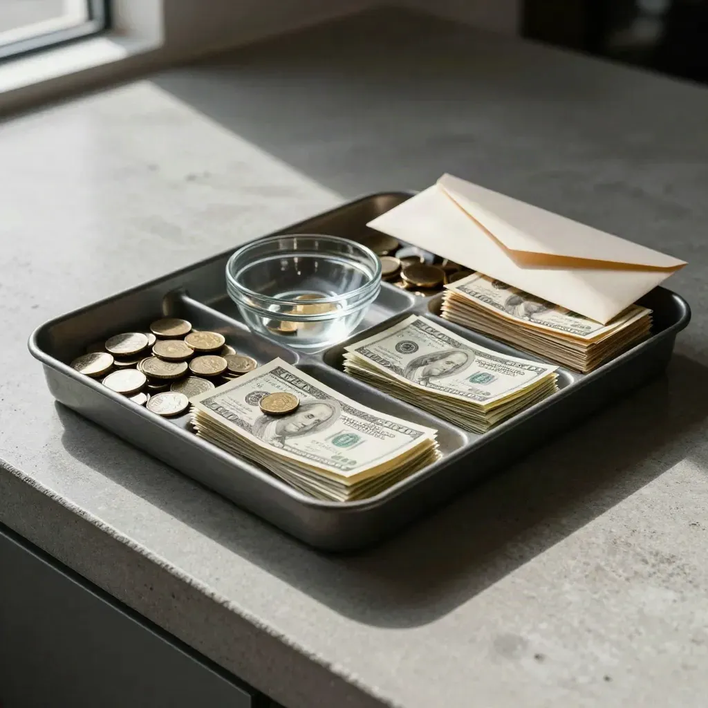 Cash sorting tray with bills, coins, glass bowl, and envelopes on concrete