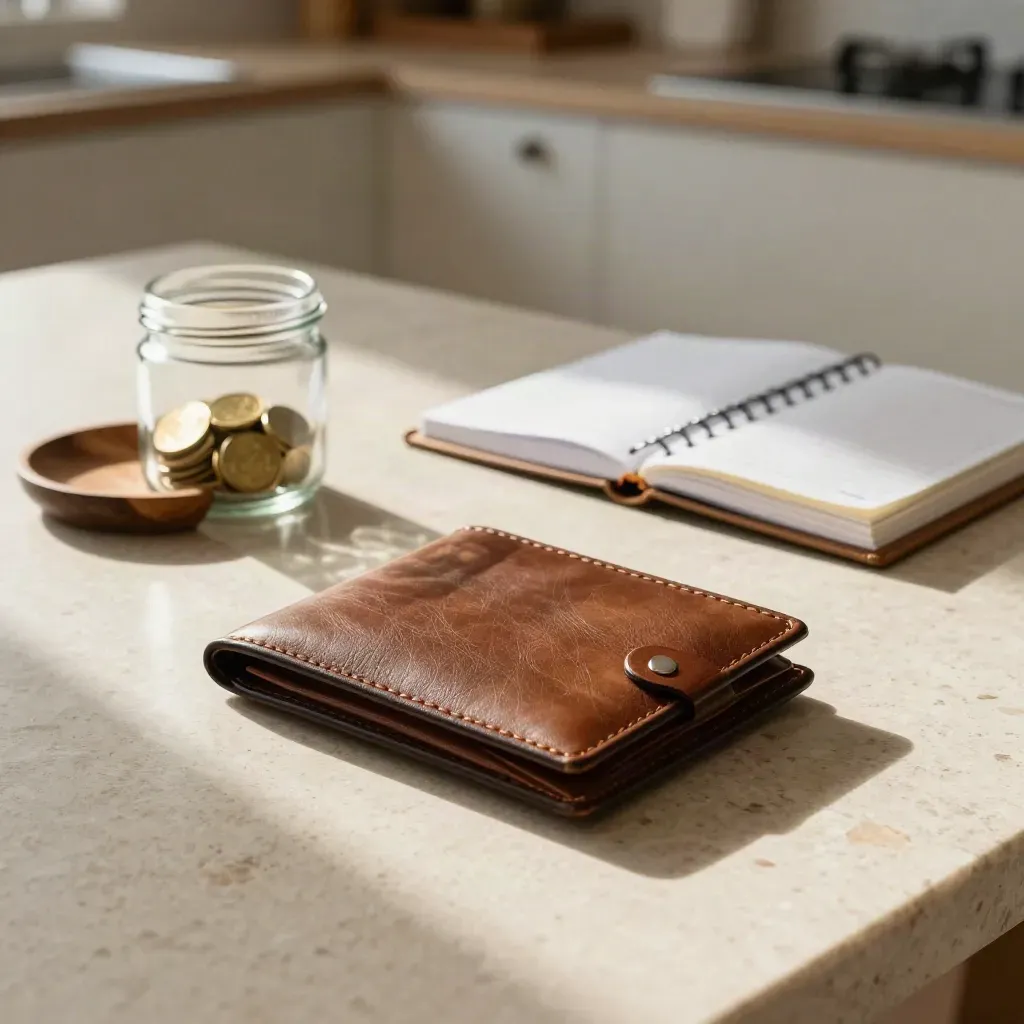 Money habits items on a kitchen table: wallet tray, coin jar, folded bills, and notebook.