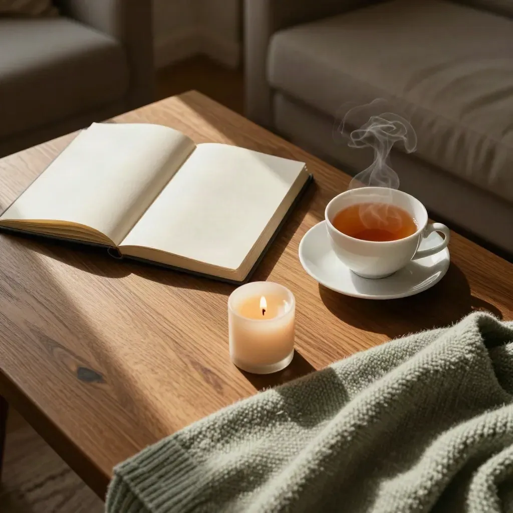 Top-down cozy planning scene with notebook, tea, candle, and folded sage sweater.