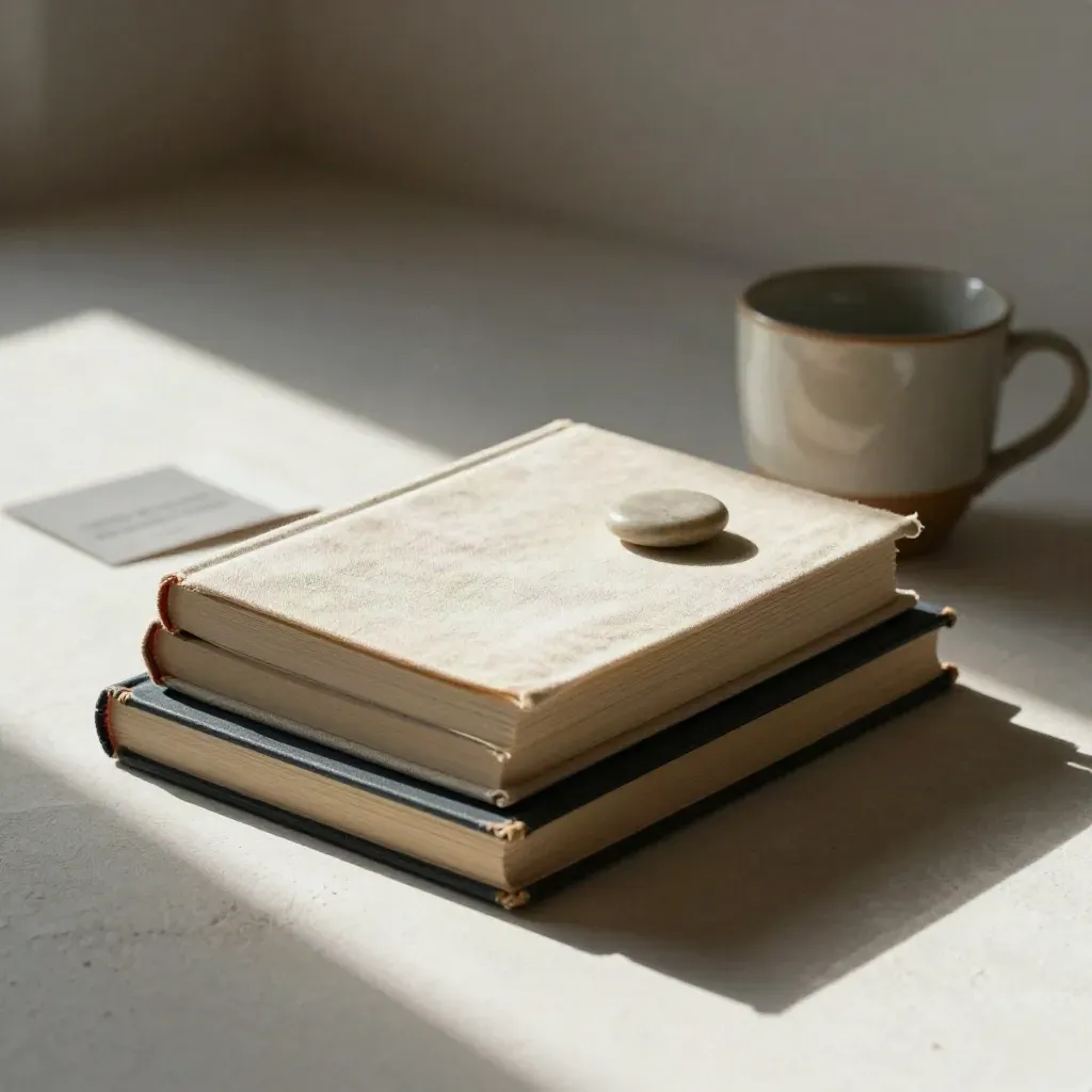 Books, journal, stone paperweight, and ceramic cup in a quiet plaster reading corner.