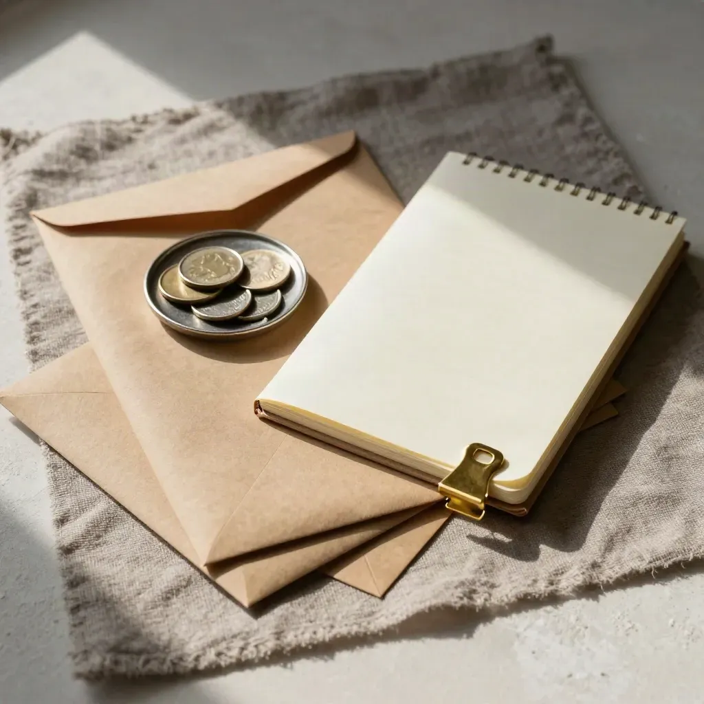 Cash-flow lesson props with envelopes, ledger notebook, coins and brass clip on linen mat.