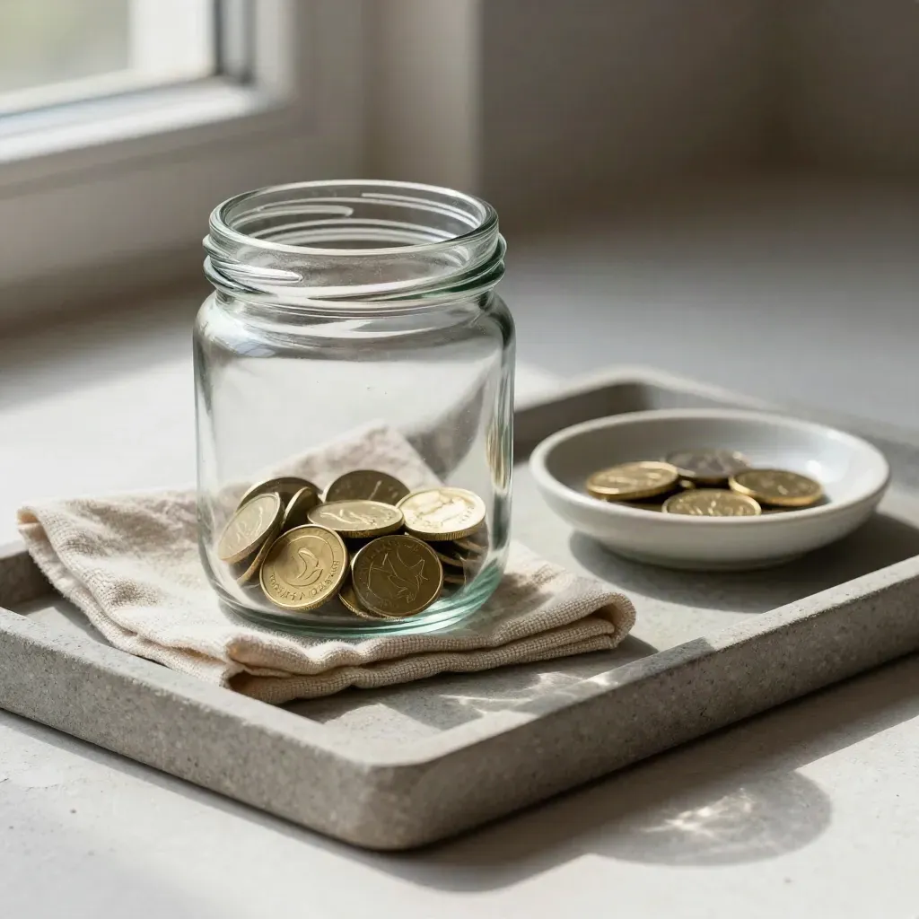 Smoked-glass coin jar with brass coins, linen napkin, and ceramic dish on a stone tray.