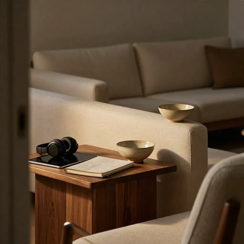 Doorway view of a calm living room with replay gear on a chair and side table.