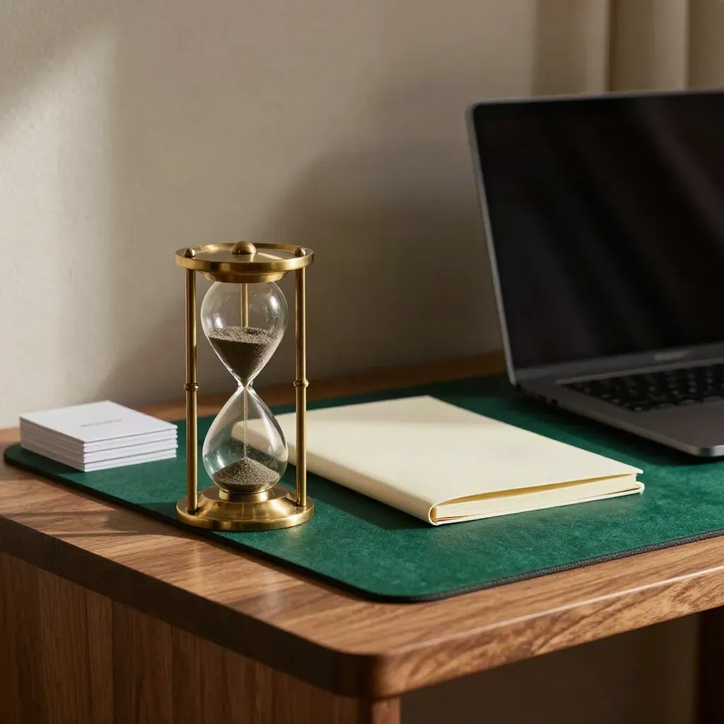 Brass hourglass, closed laptop, notebook and index cards on a warm study desk in soft daylight.