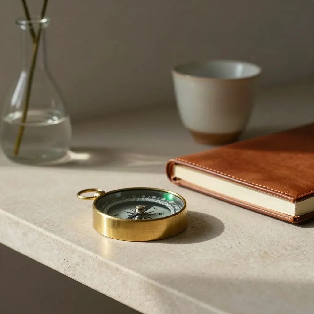 Brass compass, leather notebook, ceramic cup and olive stem on a stone shelf