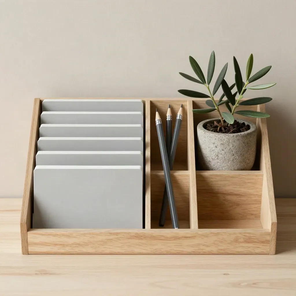 Top-down goal-system desk flatlay with organizer, tabs, pencil, and stone pot plant on pale wood.