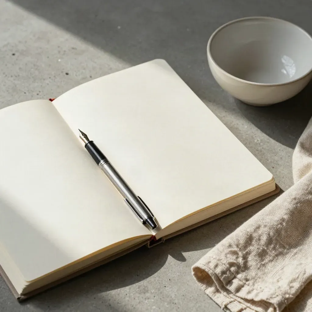 Overhead cream journal, pen, linen and ceramic bowl on concrete in soft morning light.
