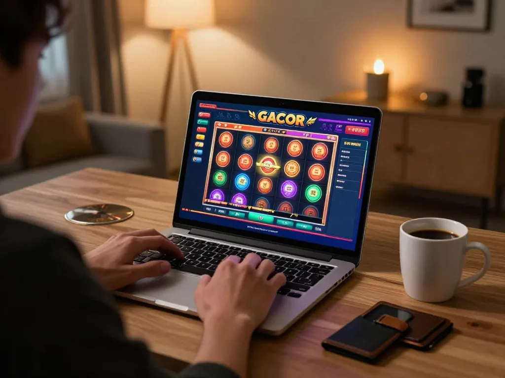 Player experiencing the thrill of slot gacor on a laptop in a stylish home environment