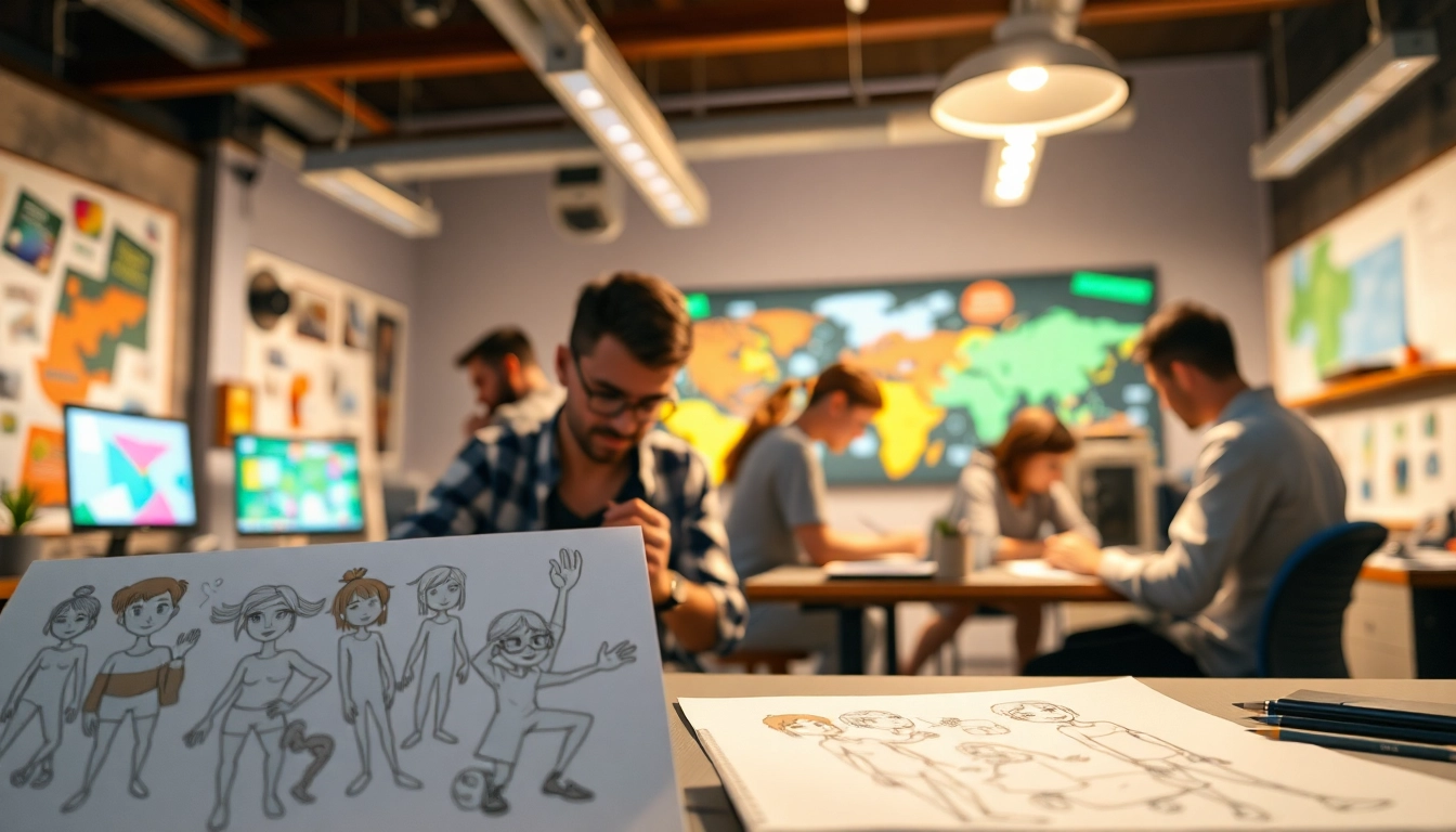 Erstellen von 2D Animation Designs in einem kreativen Studio mit lebhaften Charakteren.