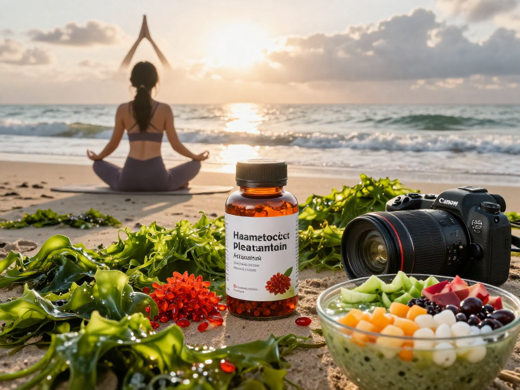 Health-conscious woman practicing mindfulness with Haematococcus pluvialis astaxanthin supplements at sunrise on a beach.