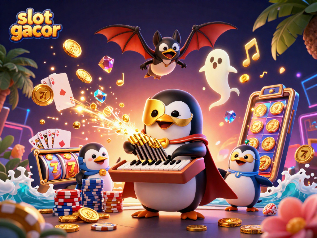 Menangkan slot gacor dengan penguin opera 3D yang bermain di organ tembak koin emas.