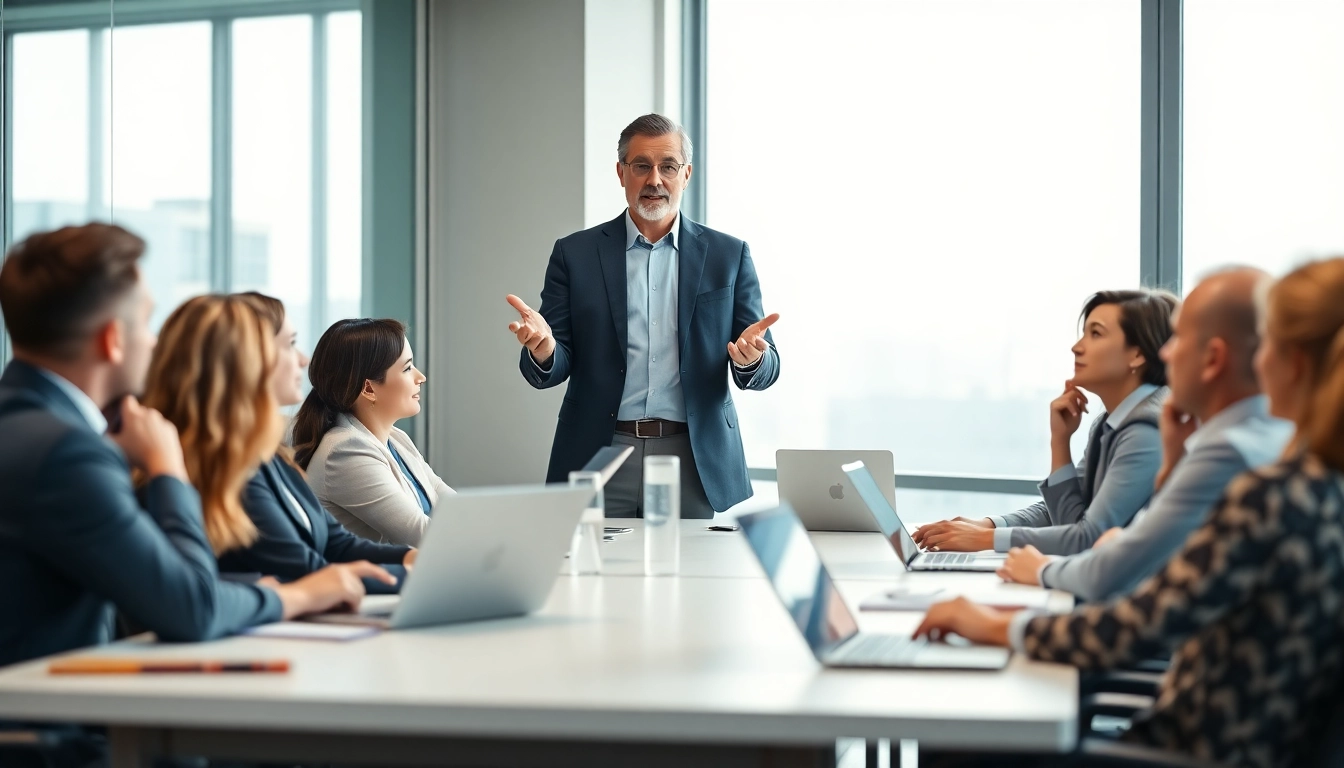 Leadership development coach engaging with executives in a modern conference room.