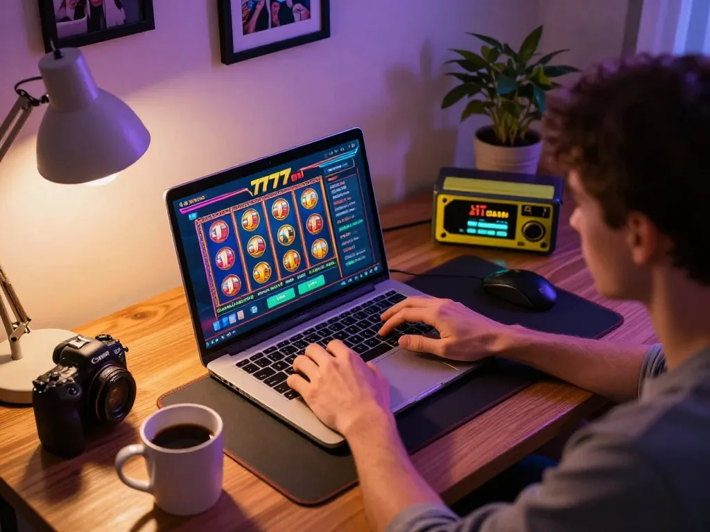 Engaging gameplay on slot777 gacor displayed on laptop with colorful accessories in a cozy home setup.