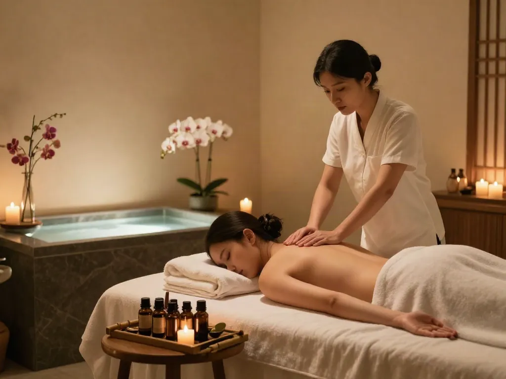 다낭 가라오케 추천을 위한 럭셔리 스파에서의 편안한 마사지를 받는 모습