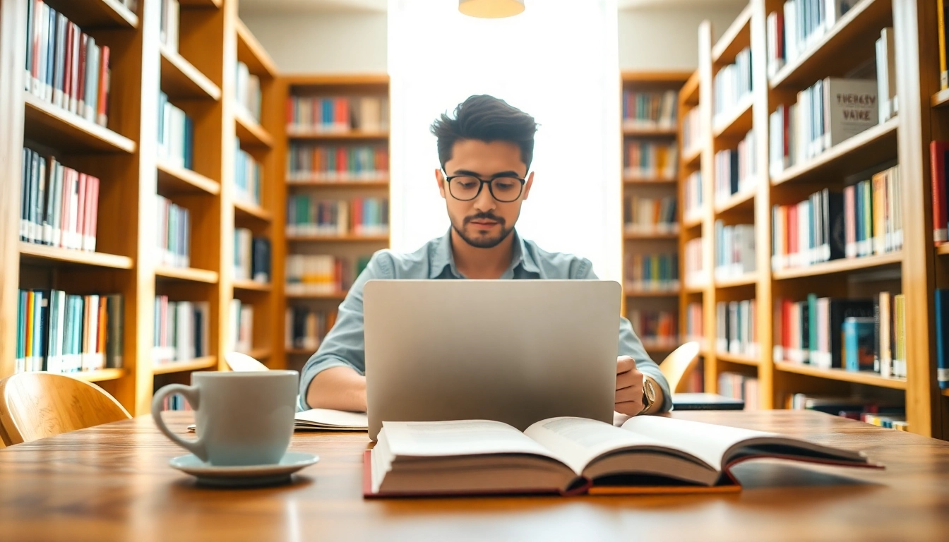 Pay someone to take TOEFL, showcasing a focused student studying in a bright library.