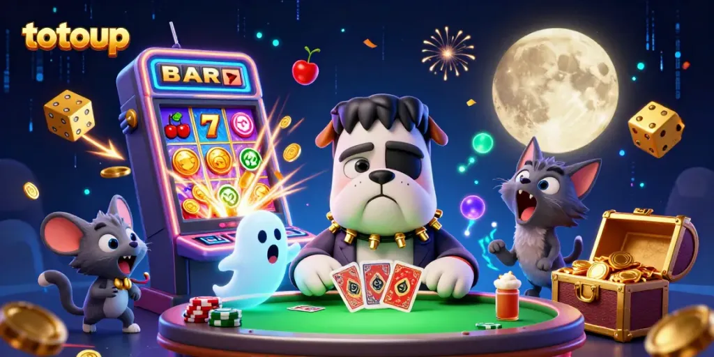 Feel the thrill with totoup as the 3D cartoon Frankenstein bulldog deals cards at a lively casino!